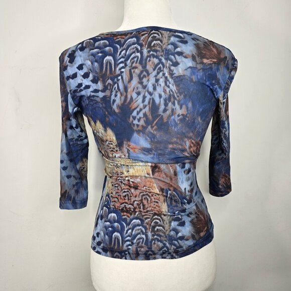 Vintage 90s Y2K Navy Feather Peacock Painting Micro Mesh Sheer Top USA - Picture 3 of 7